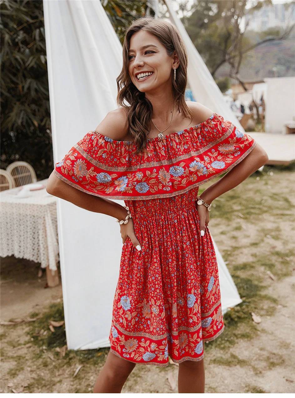 Boho Mood Mini Red Gypsy Floral Dress S