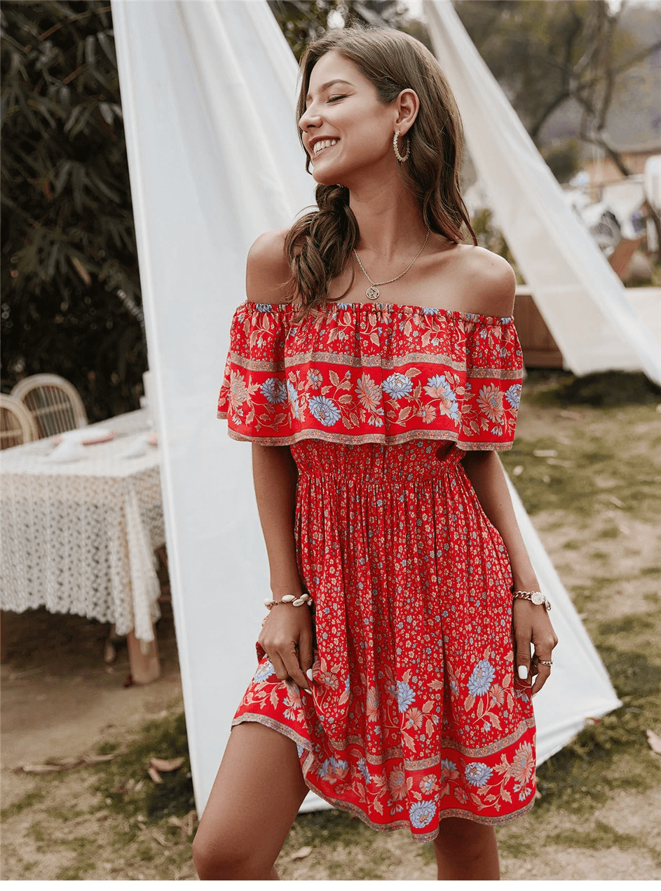 Boho Mood Mini Red Gypsy Floral Dress S