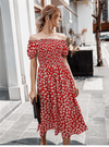 Red Boho Midi Dress with Flowers Printed