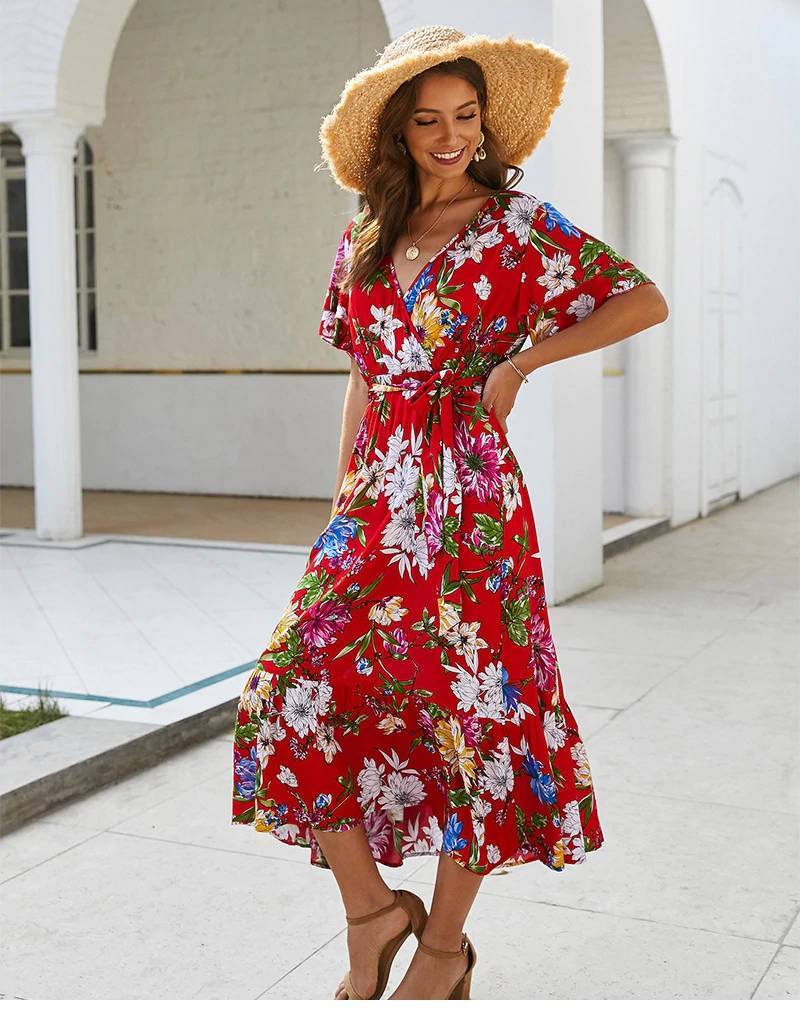 Red Floral Bohemian Long Dress