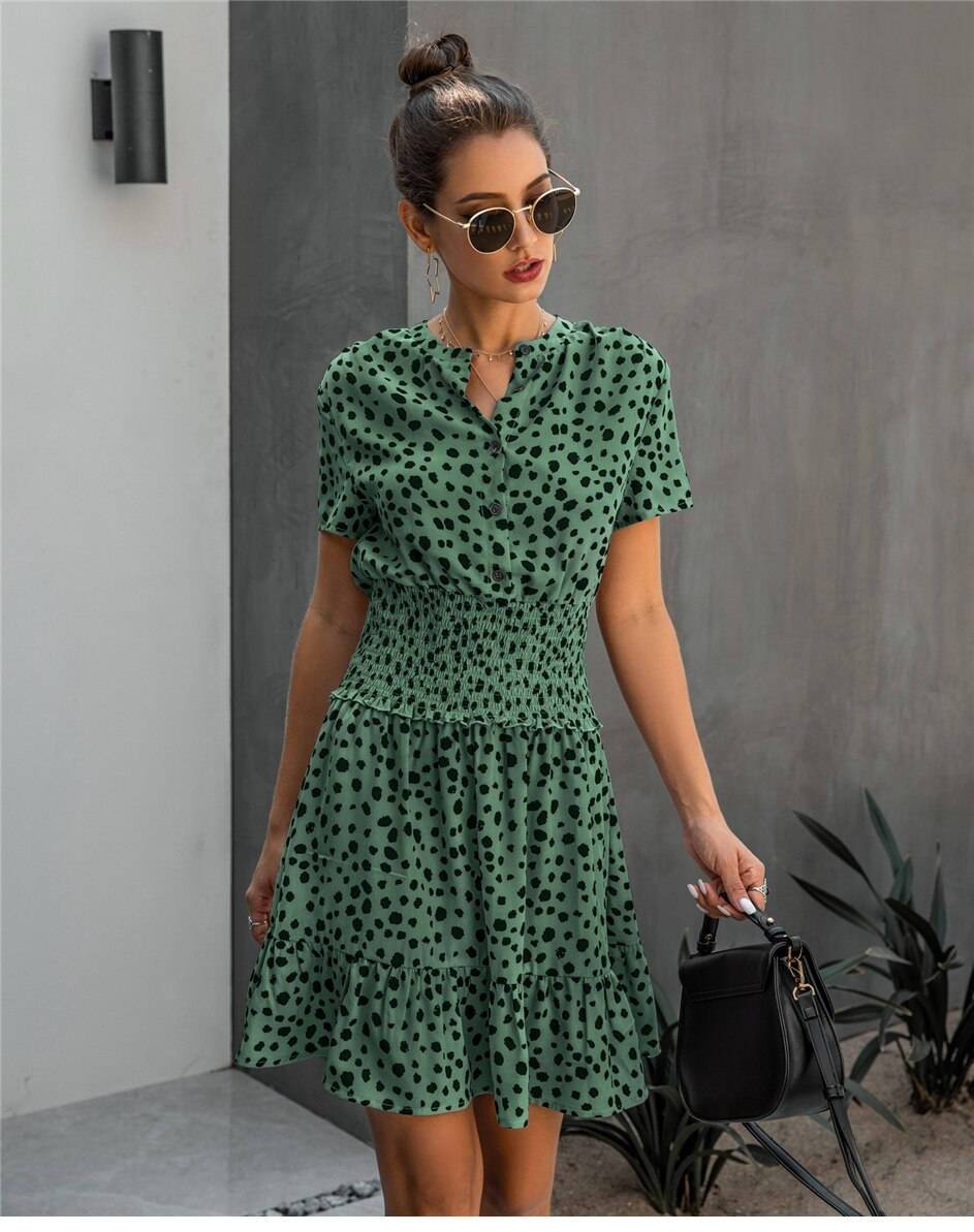 Short Hippie Chic Dress in Green with Leopard Print