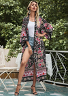 Long Boho Kimono Floral Black and Pink