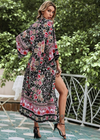 Long Boho Kimono Floral Black and Pink