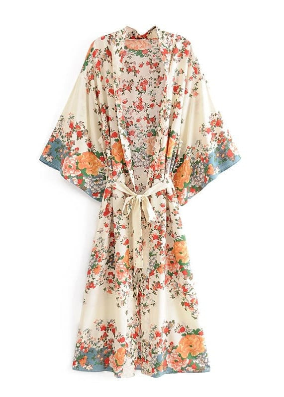 Long Boho Kimono White decorated with flowers