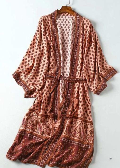 Long boho kimono Brown Pink with belt