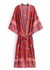 Long Boho Kimono Belted Red Floral