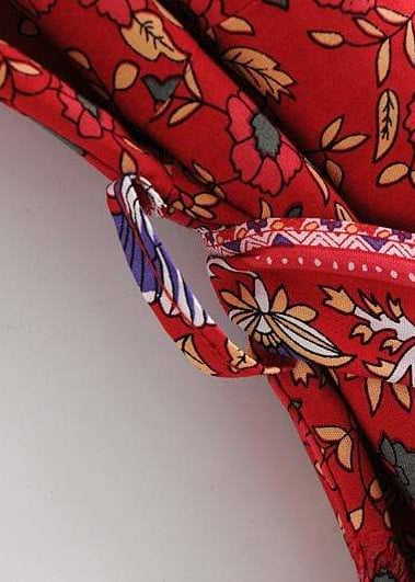 Long Boho Kimono Belted Red Floral