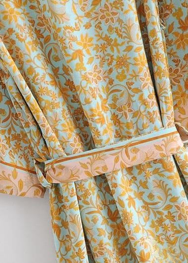 Long Stylish Boho Kimono Blue Yellow floral