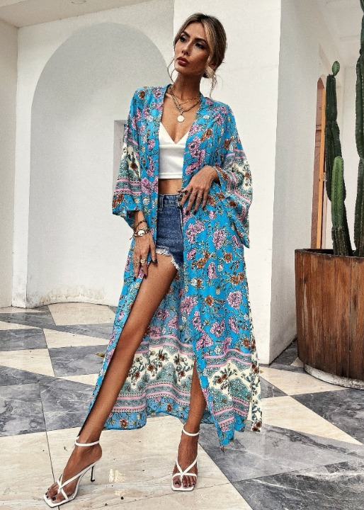 Summer Long Boho Kimono Blue Floral