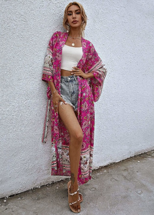 Summer Long Boho Kimono Pink Floral