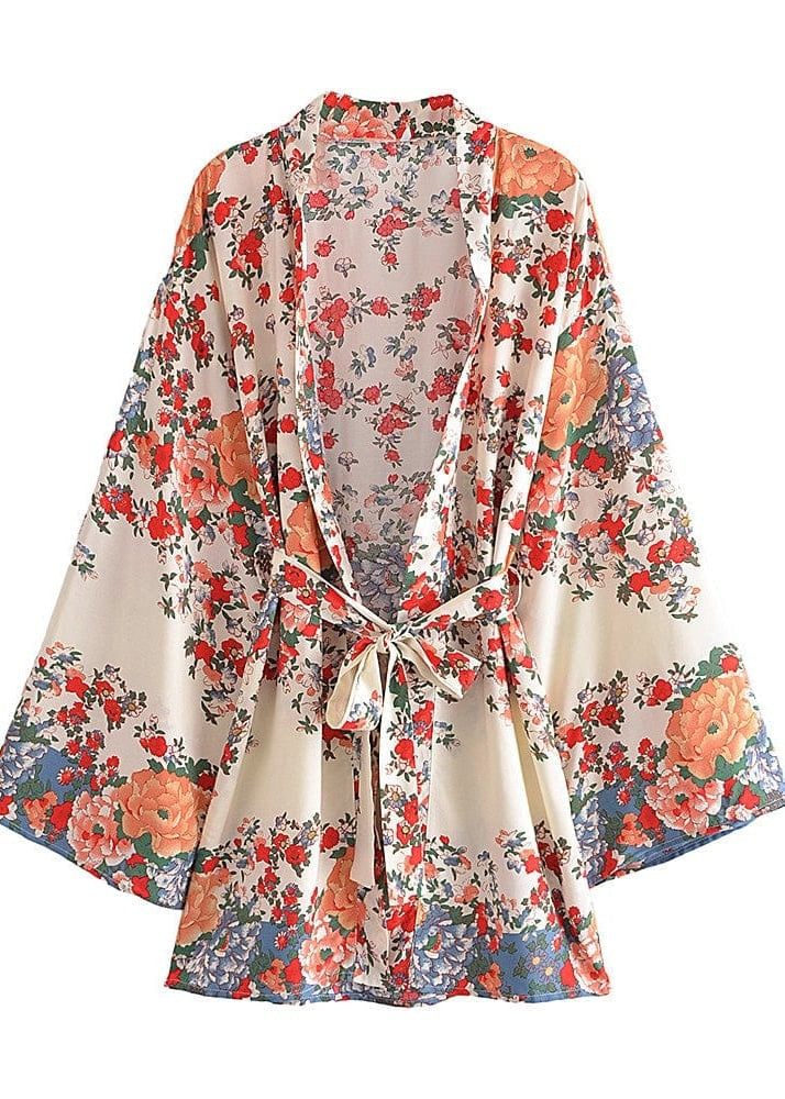 Boho  Summer White Kimono decorated with flowers