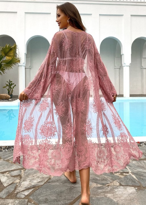 Long Boho Pink Lace Kimono