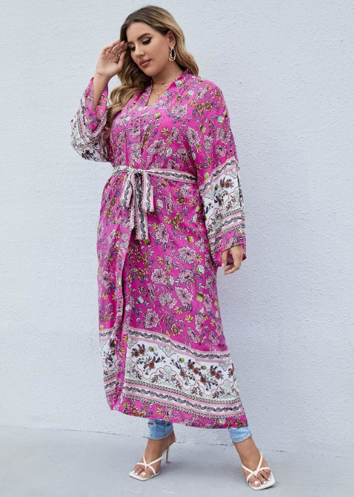 Plus Size Boho Kimono Pink Floral