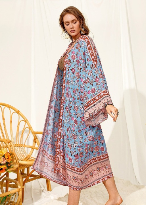 Plus Size Boho Kimono Blue Floral