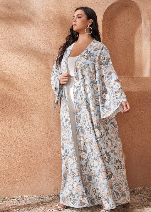 Long pale Blue Floral Print Boho Kimono