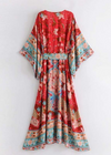 Long Boho Kimono Red Floral with Buttons