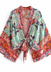 Cropped Boho Kimono Green Floral Sash Tie