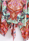 Cropped Boho Kimono Green Floral Sash Tie