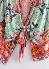 Cropped Boho Kimono Green Floral Sash Tie