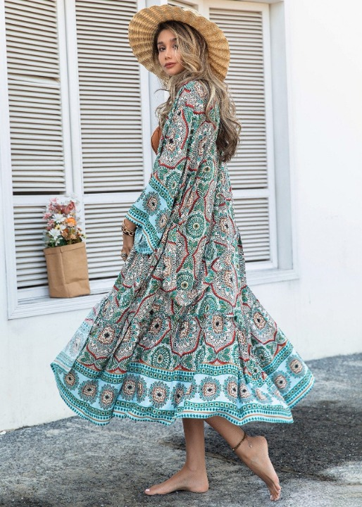 Long Flared Boho Kimono Tribal Print Boho Mood - Main Image