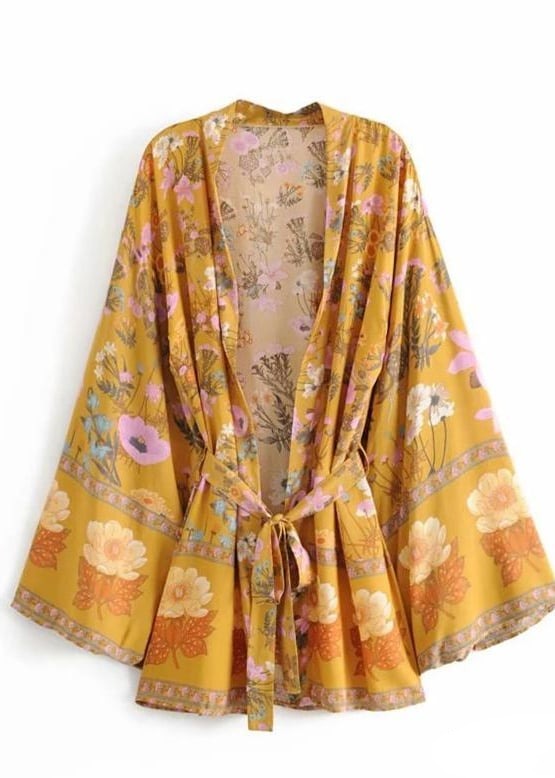 Pretty Yellow Floral Belted Kimono