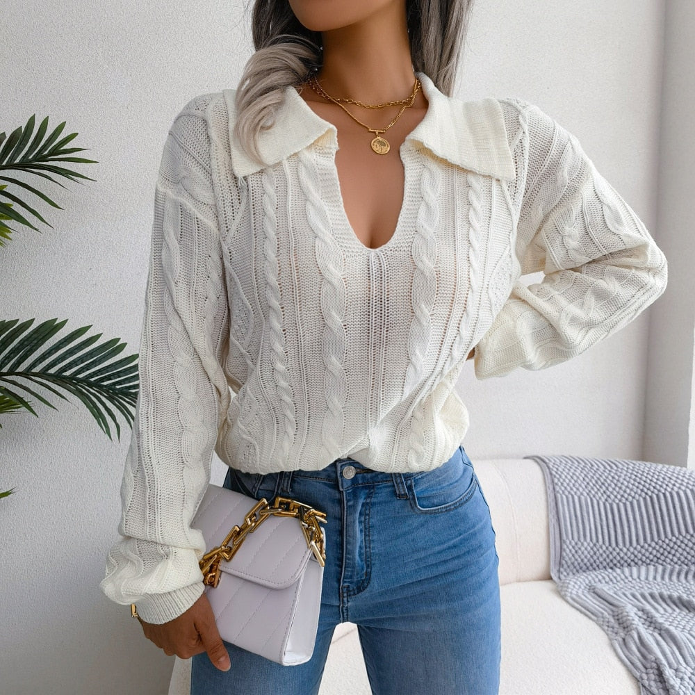 White Boho Knit Sweater with Collar