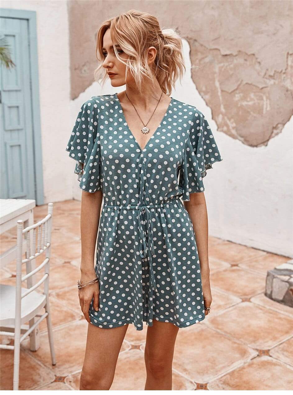 Blue Bohemian Short Jumpsuit with Polka dots