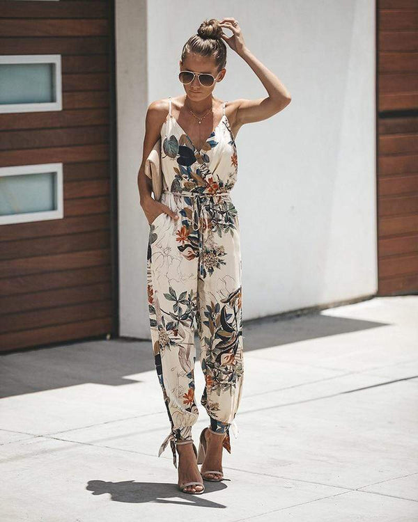 A. Peach Mixed Floral Print Wide Leg Jumpsuit - Women's Rompers
