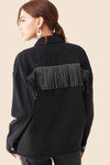 Boho Black Denim Jacket with Rhinestones and Fringes