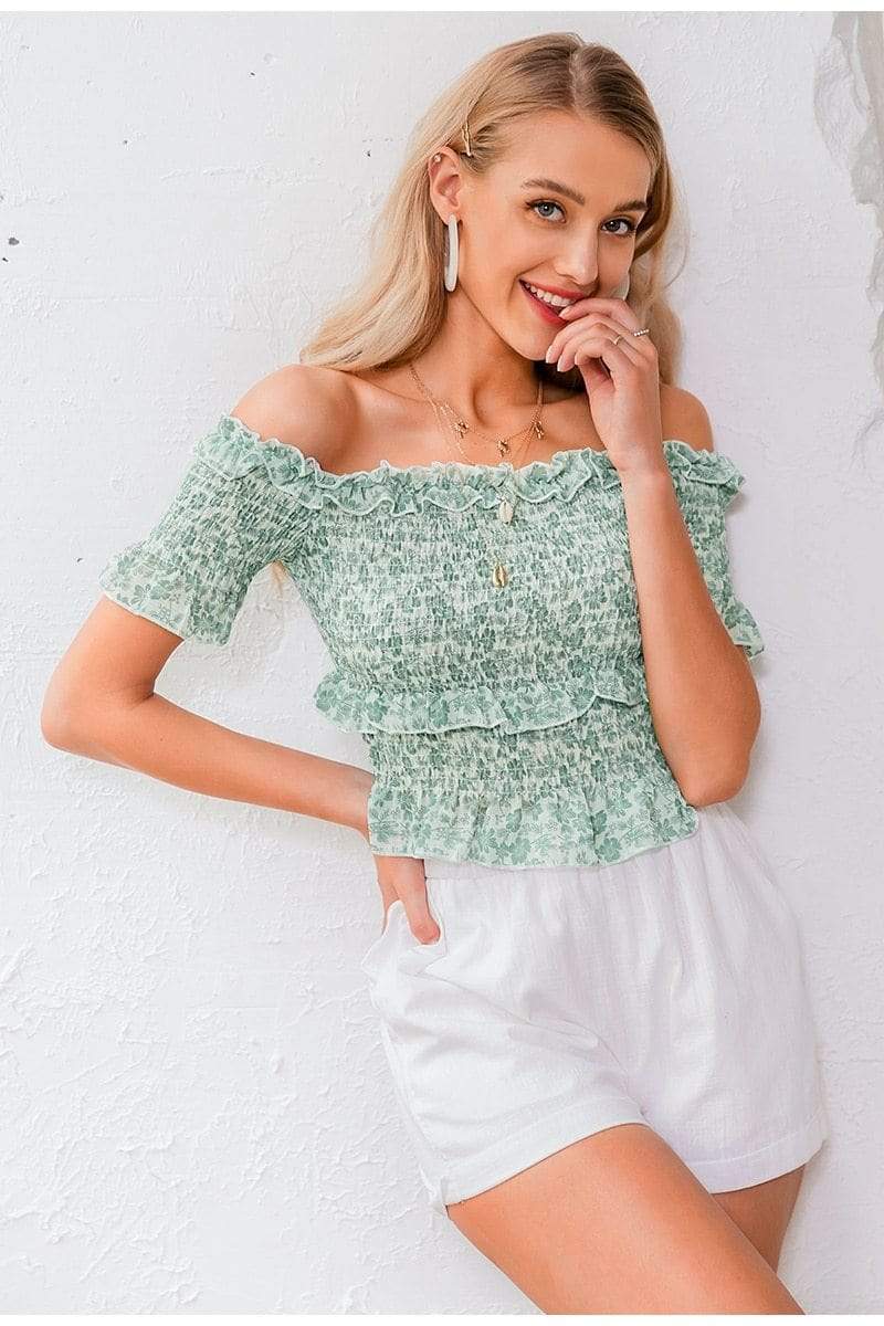 Boho Crop Top with Green Flowers