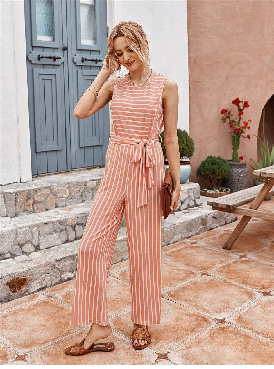 Boho Jumpsuit with Salmon Pink / White Stripes