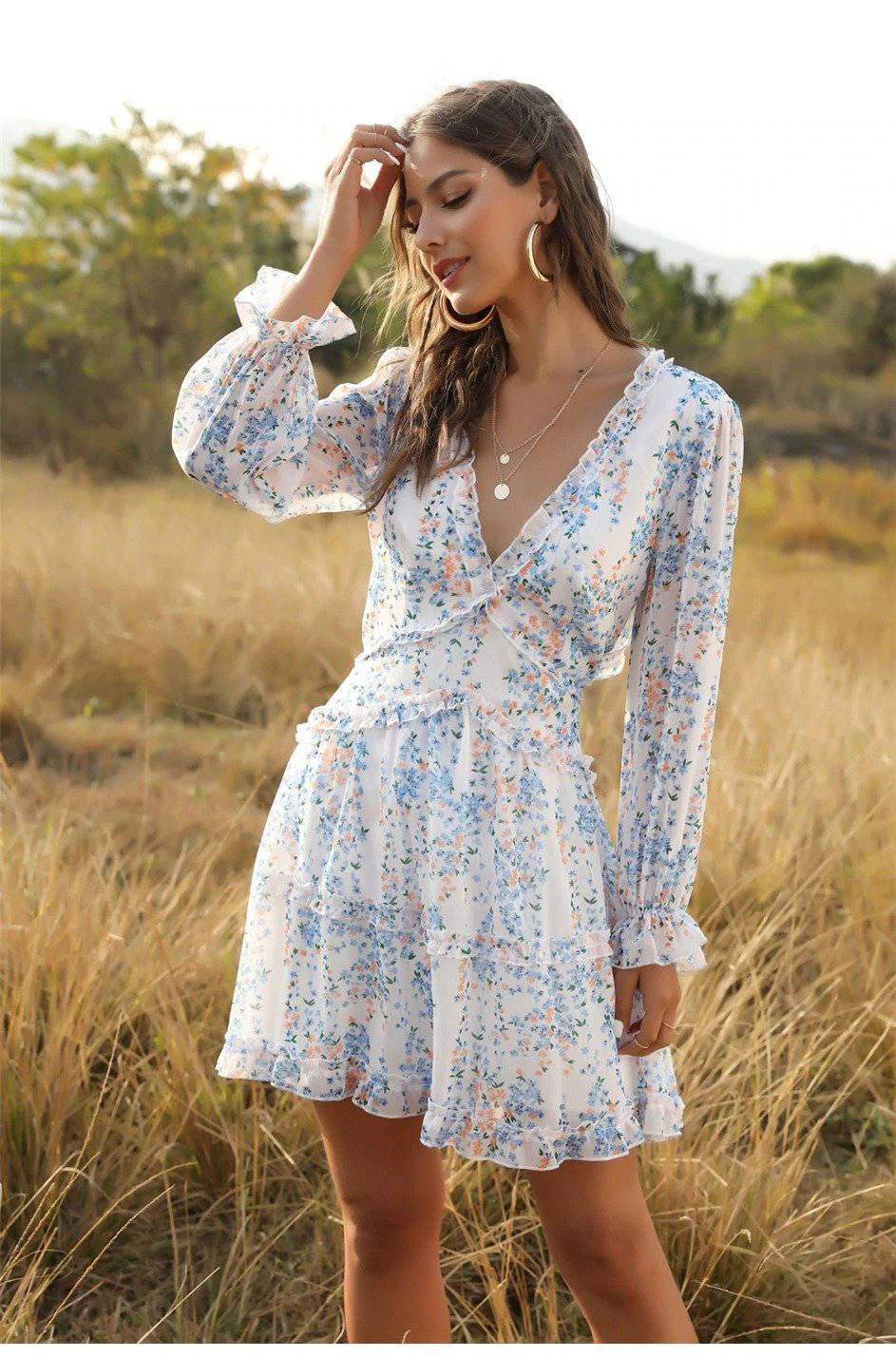 Boho Mini Dress, Sundress, Wrap Dress, Gypsy Flower in Blue and