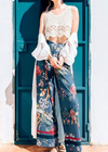 Boho Palazzo Pants in duck blue with floral pattern