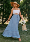 Boho flared long skirt blue with embroidered patterns, pompom cord