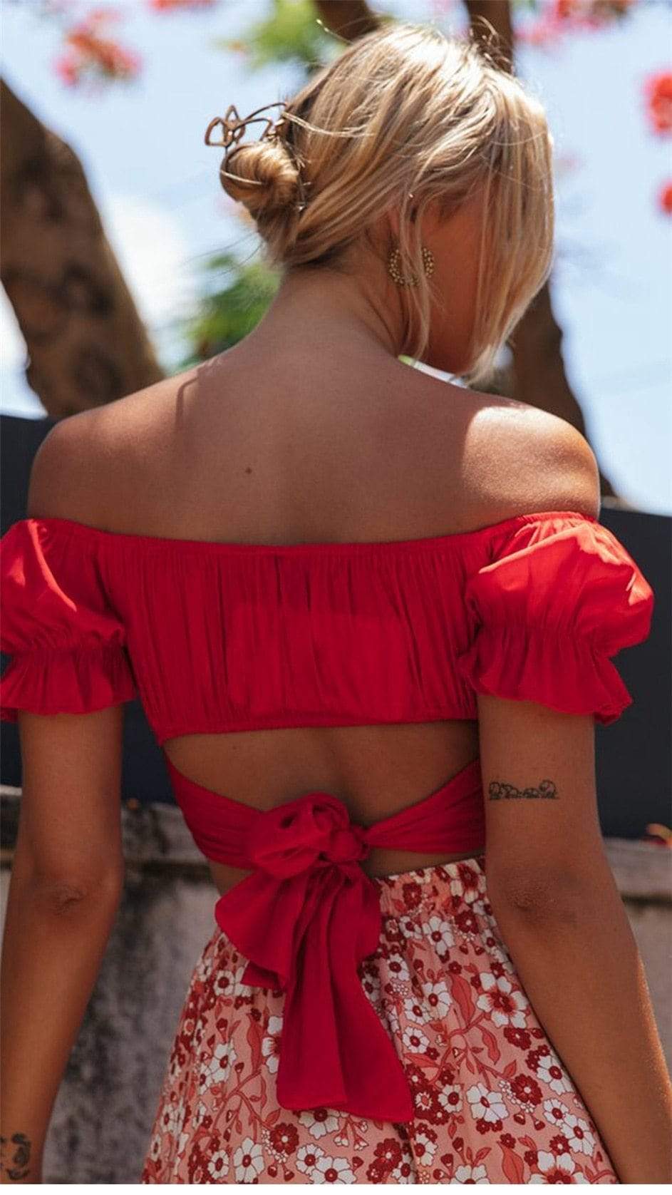 Boho Floral Cropped Wrap Top in Red