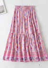 Pink boho ruffled maxi skirt with floral pattern