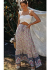 Boho Beige ruffled long skirt with colorful flower pattern
