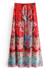 Boho Red maxi Skirt with floral print and pompom