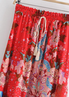 Boho Red maxi Skirt with floral print and pompom