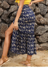 Boho Midi Skirt navy blue floral with slit
