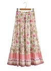Boho white maxi Skirt ruffled pink floral pattern