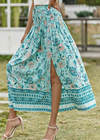 Blue Boho long Skirt with smocked waist, floral pattern with slit
