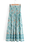 Blue Boho long Skirt with smocked waist, floral pattern with slit
