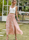 Apricot Boho long Skirt with smocked waist, floral pattern with slit