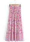 Pink Boho long Skirt with smocked waist, floral pattern with slit