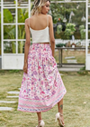 Pink Boho long Skirt with smocked waist, floral pattern with slit