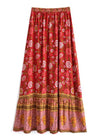 Red Boho Chic Long Skirt with colorful floral pattern
