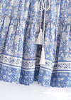 Boho mini wrap skirt, sky blue floral pattern with pompom