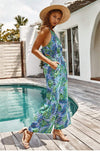 Boho Summer Tropical Jumpsuit with Blue and Green Jungle Pattern