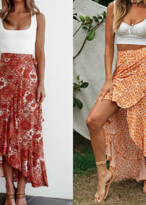 Long Skirt Boho flared wrap floral pattern